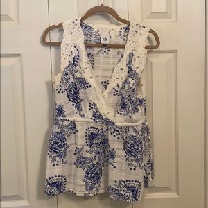 CAbi Veranda blue and white blouse with crotchet